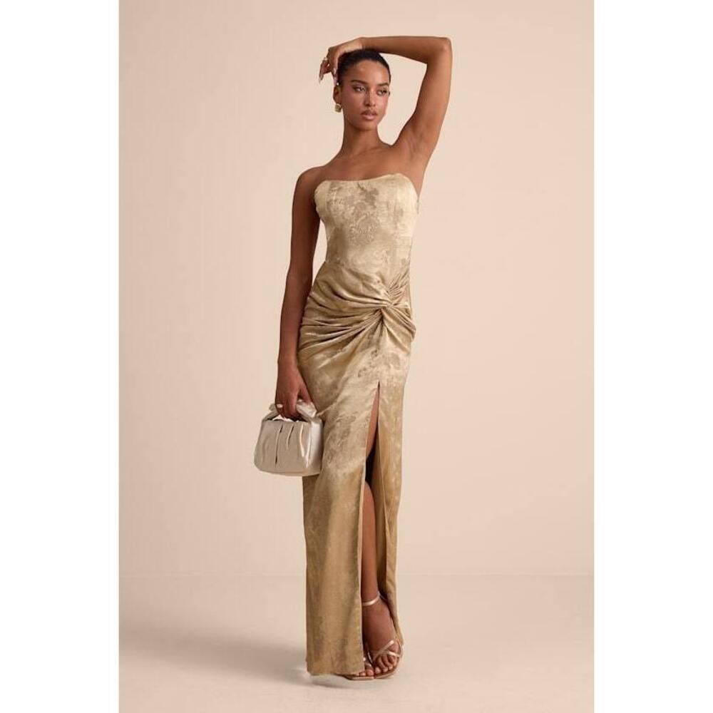 Lulus Whitney Gold Jacquard Strapless Twist-front Maxi Dress - Size M